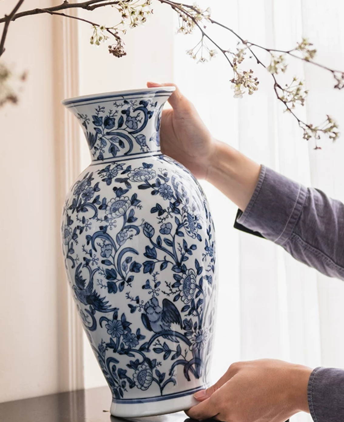 Blue & White Porcelain Vase – Birds & Flowers Series