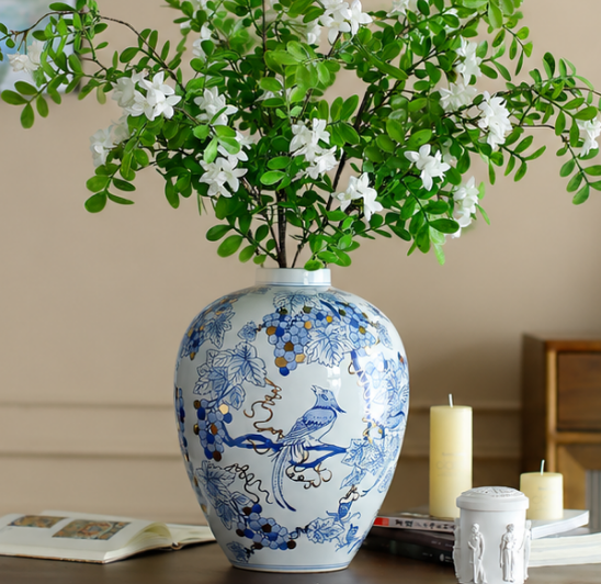 Blue & White Hand-Painted Gold-Traced Ceramic Vase — Chinese Bird & Floral
