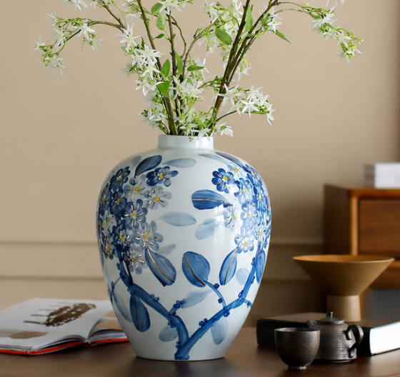 Blue & White Hand-Painted Gold-Traced Ceramic Vase — Chinese Bird & Floral