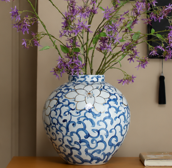 Blue & White Hand-Painted Gold-Traced Ceramic Vase — Chinese Bird & Floral