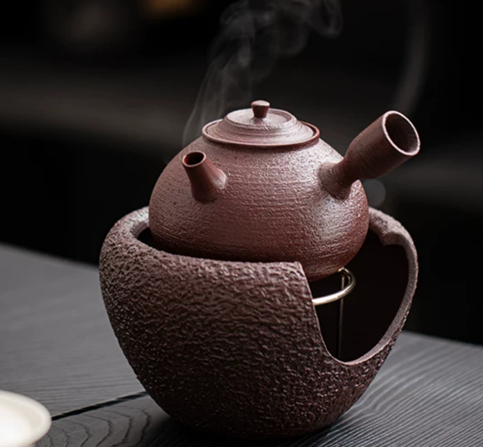 Coarse Pottery Side-Handle Tea Kettle with Alcohol Stove Set