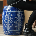 Hand-Painted Blue Porcelain Drum Stool — Bamboo Motif Garden Stool & Vanity Seat