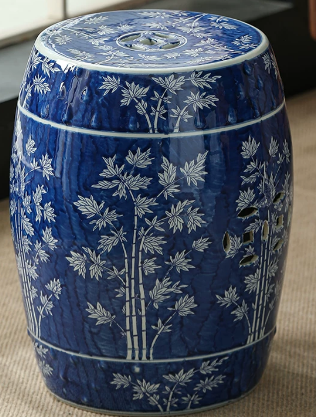 Hand-Painted Blue Porcelain Drum Stool — Bamboo Motif Garden Stool & Vanity Seat