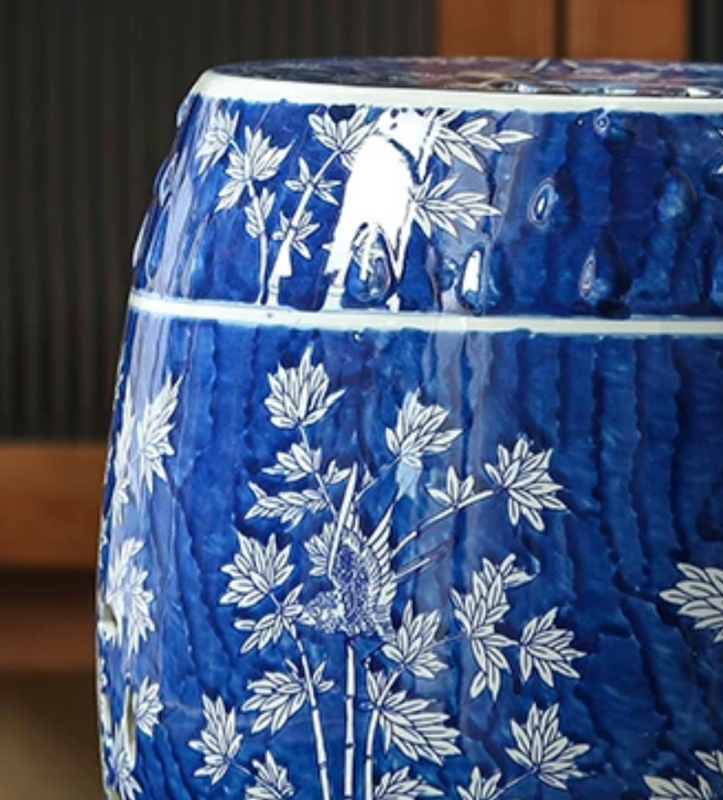 Hand-Painted Blue Porcelain Drum Stool — Bamboo Motif Garden Stool & Vanity Seat