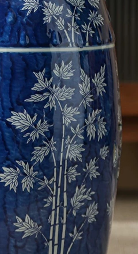 Hand-Painted Blue Porcelain Drum Stool — Bamboo Motif Garden Stool & Vanity Seat