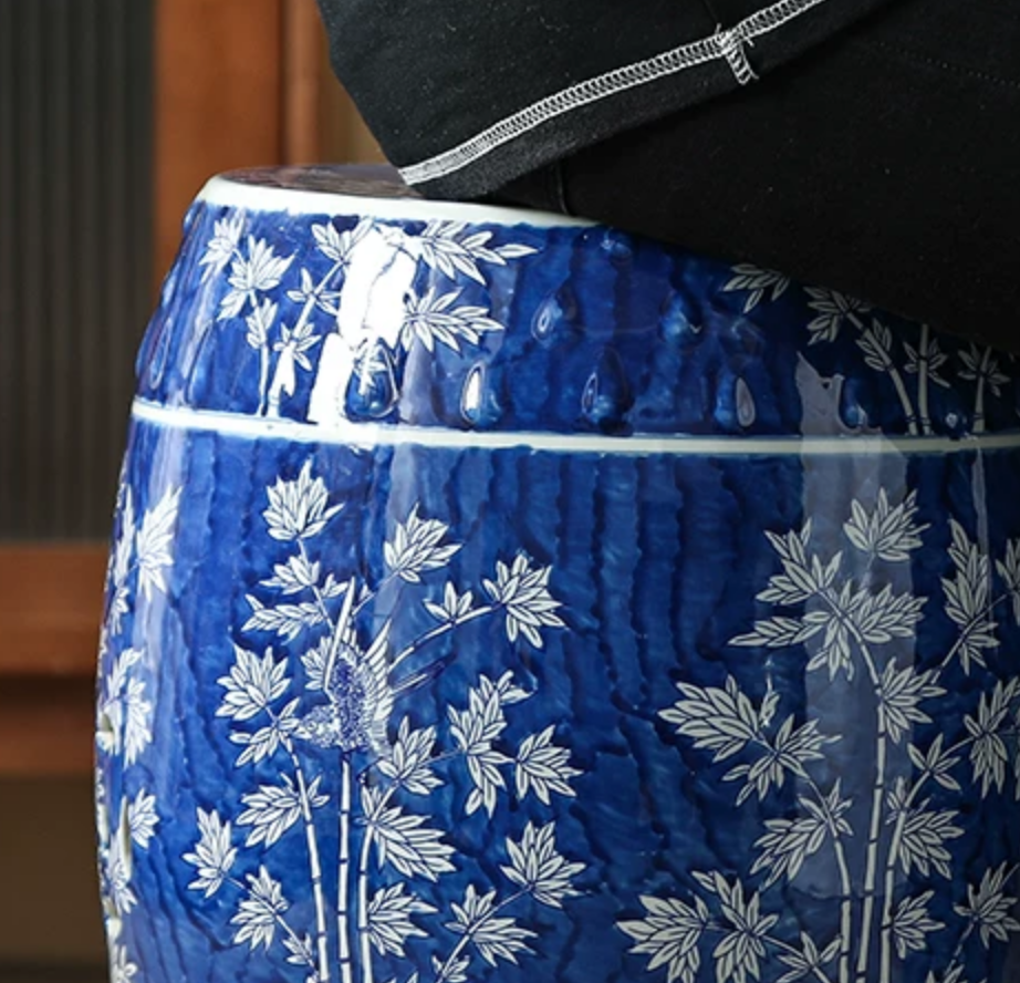 Hand-Painted Blue Porcelain Drum Stool — Bamboo Motif Garden Stool & Vanity Seat