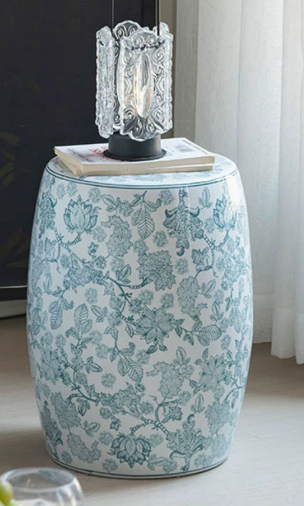 Blue & White Porcelain Aesthetic Drum Stool — Vanity Seat, Side Table & Entryway Bench