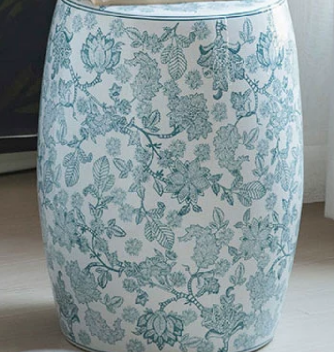 Blue & White Porcelain Aesthetic Drum Stool — Vanity Seat, Side Table & Entryway Bench