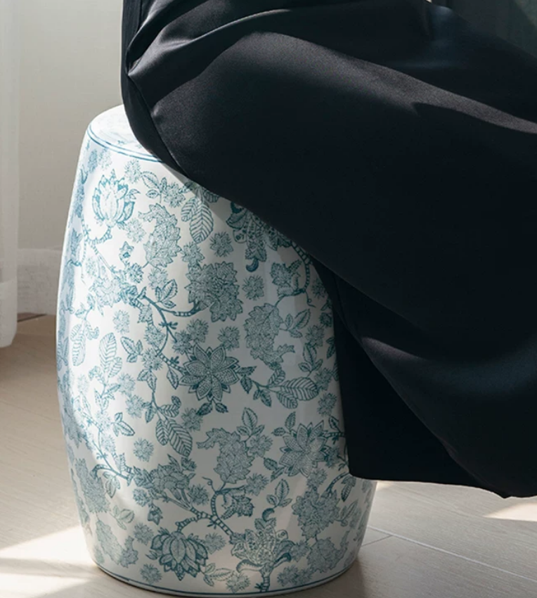 Blue & White Porcelain Aesthetic Drum Stool — Vanity Seat, Side Table & Entryway Bench