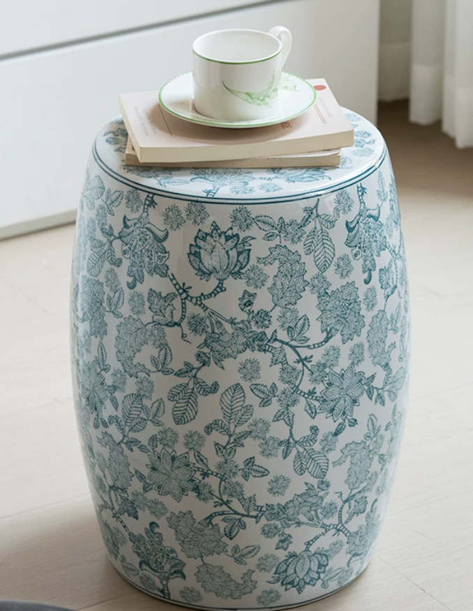 Blue & White Porcelain Aesthetic Drum Stool — Vanity Seat, Side Table & Entryway Bench