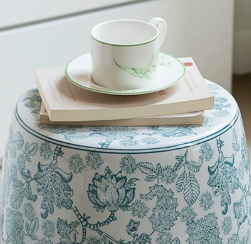 Blue & White Porcelain Aesthetic Drum Stool — Vanity Seat, Side Table & Entryway Bench