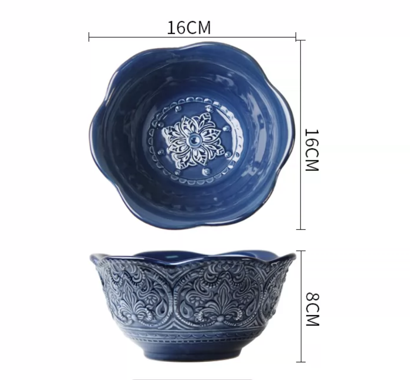 French Baroque Embossed Ceramic Dinnerware Set — Deep Blue Luxury Tableware