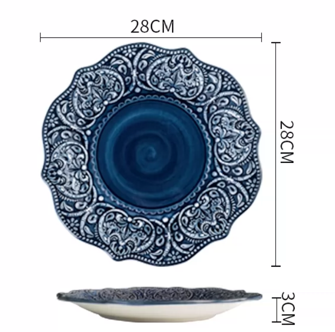 French Baroque Embossed Ceramic Dinnerware Set — Deep Blue Luxury Tableware