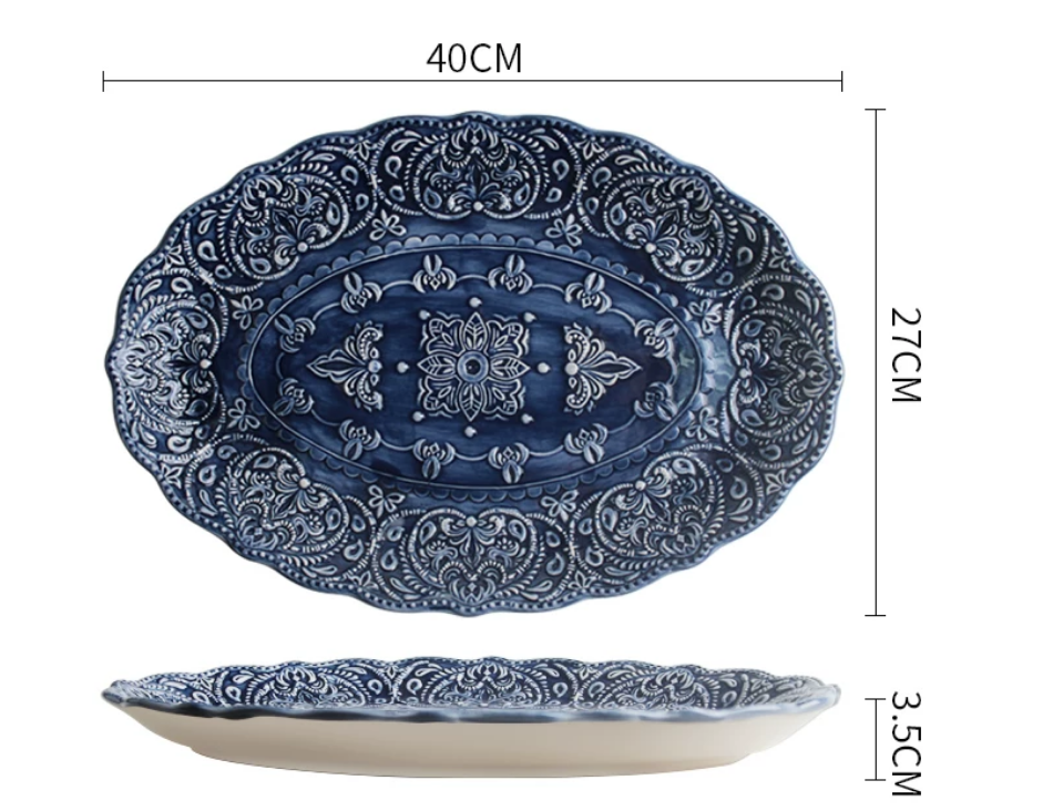 French Baroque Embossed Ceramic Dinnerware Set — Deep Blue Luxury Tableware