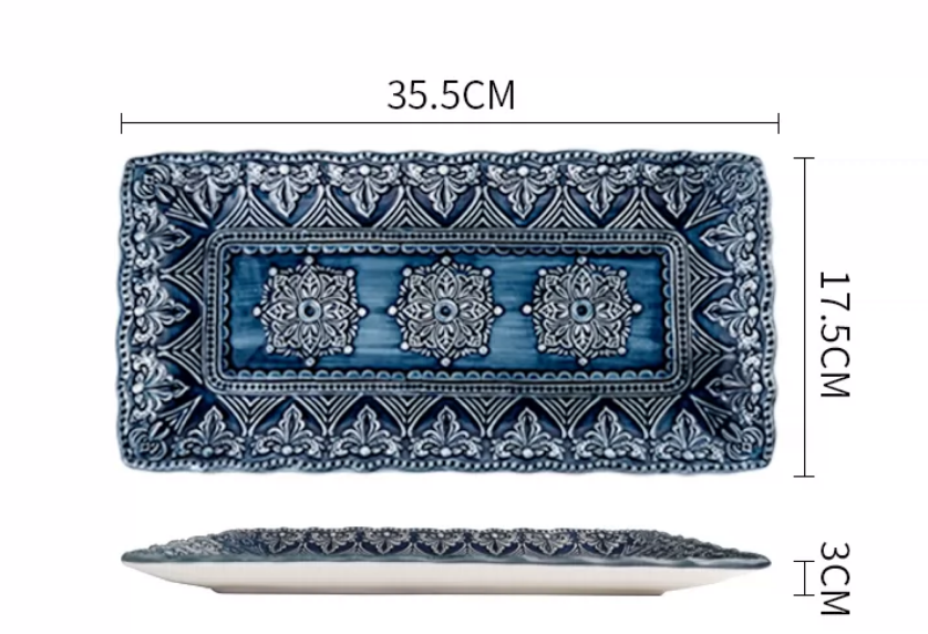 French Baroque Embossed Ceramic Dinnerware Set — Deep Blue Luxury Tableware