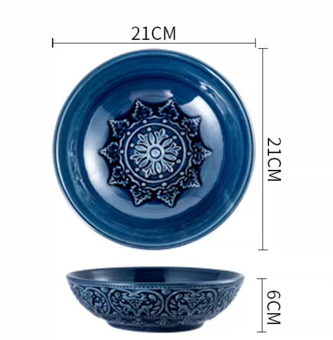 French Baroque Embossed Ceramic Dinnerware Set — Deep Blue Luxury Tableware