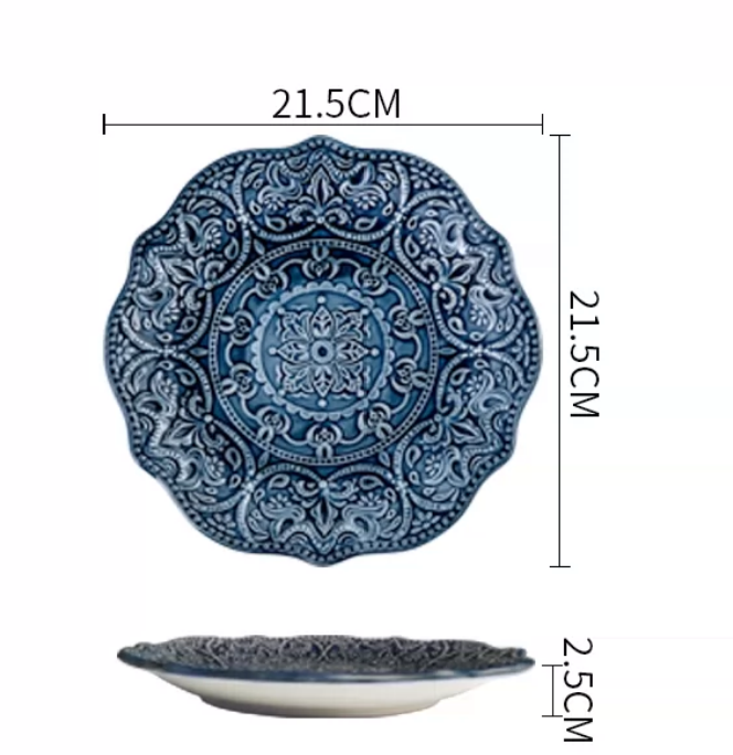 French Baroque Embossed Ceramic Dinnerware Set — Deep Blue Luxury Tableware