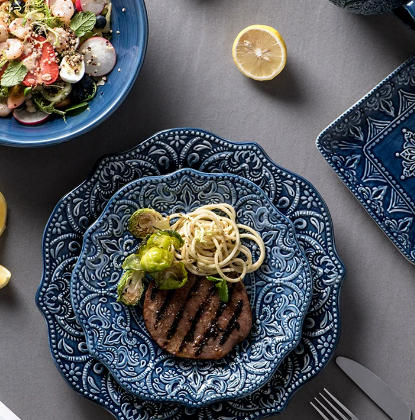 French Baroque Embossed Ceramic Dinnerware Set — Deep Blue Luxury Tableware
