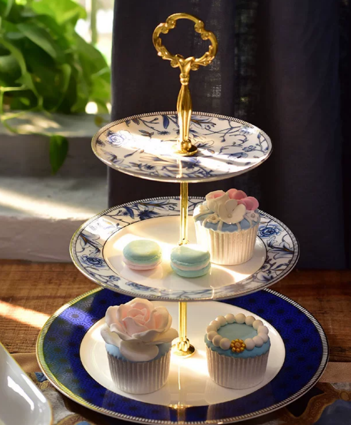 3-Tier English Blue Floral Porcelain Cake Stand — Afternoon Tea Dessert & Fruit Display