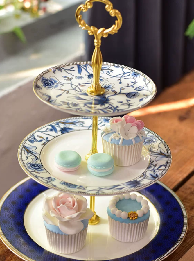 3-Tier English Blue Floral Porcelain Cake Stand — Afternoon Tea Dessert & Fruit Display