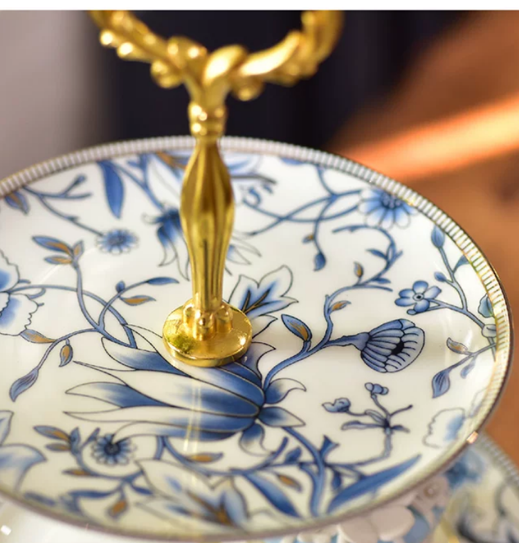 3-Tier English Blue Floral Porcelain Cake Stand — Afternoon Tea Dessert & Fruit Display