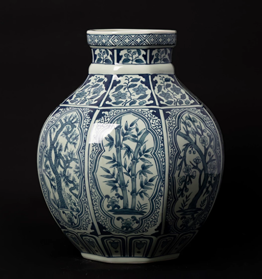 Blue & White Porcelain Octagonal Vase — Ming-Style Bamboo & Botanical Motif, Home Accent