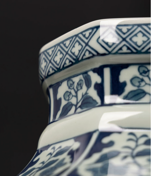 Blue & White Porcelain Octagonal Vase — Ming-Style Bamboo & Botanical Motif, Home Accent