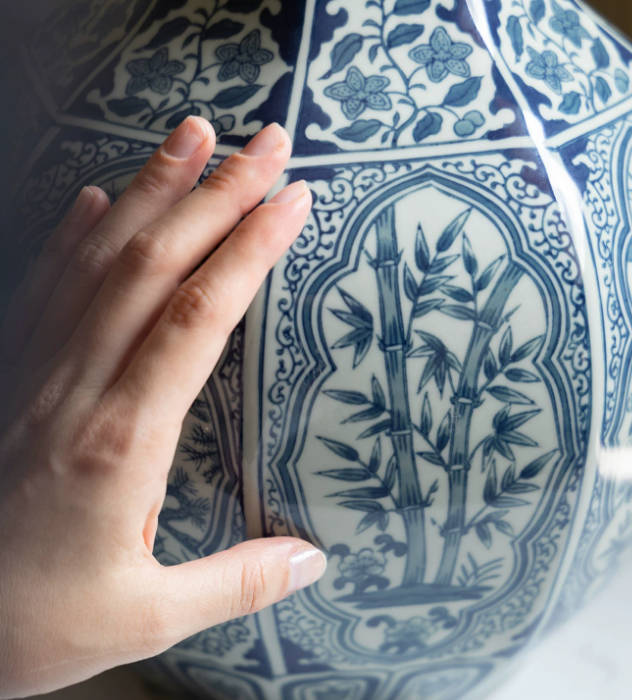Blue & White Porcelain Octagonal Vase — Ming-Style Bamboo & Botanical Motif, Home Accent