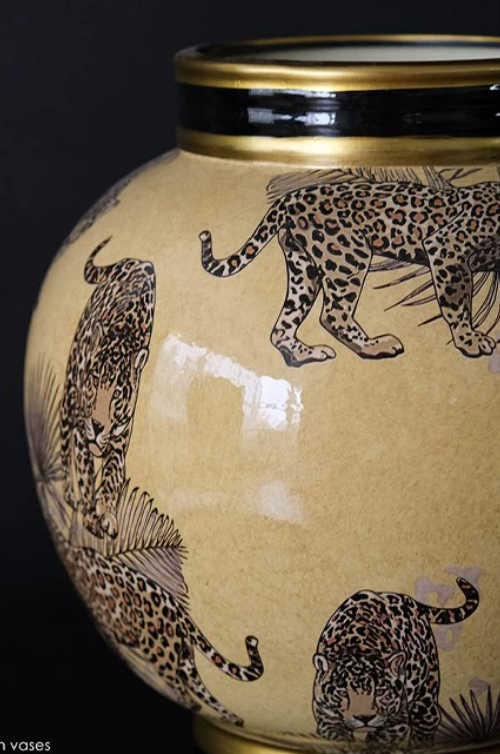 Hand-Painted Leopard & Tropical Foliage Ceramic Storage Jar — Luxury Statement Vase