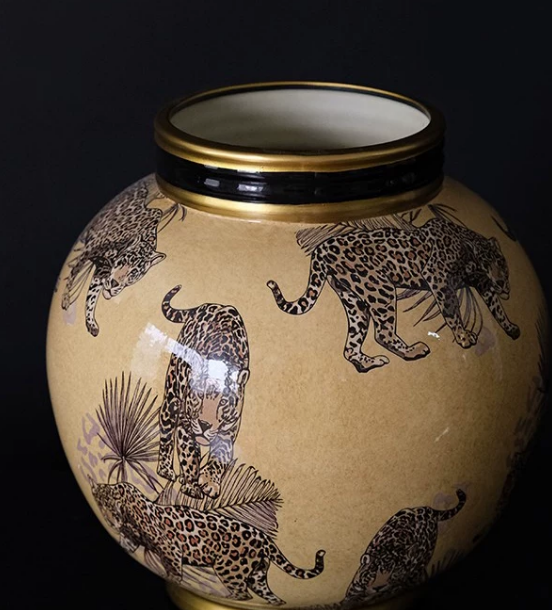 Hand-Painted Leopard & Tropical Foliage Ceramic Storage Jar — Luxury Statement Vase