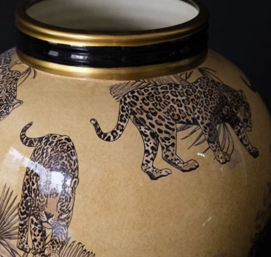Hand-Painted Leopard & Tropical Foliage Ceramic Storage Jar — Luxury Statement Vase
