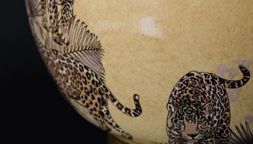 Hand-Painted Leopard & Tropical Foliage Ceramic Storage Jar — Luxury Statement Vase