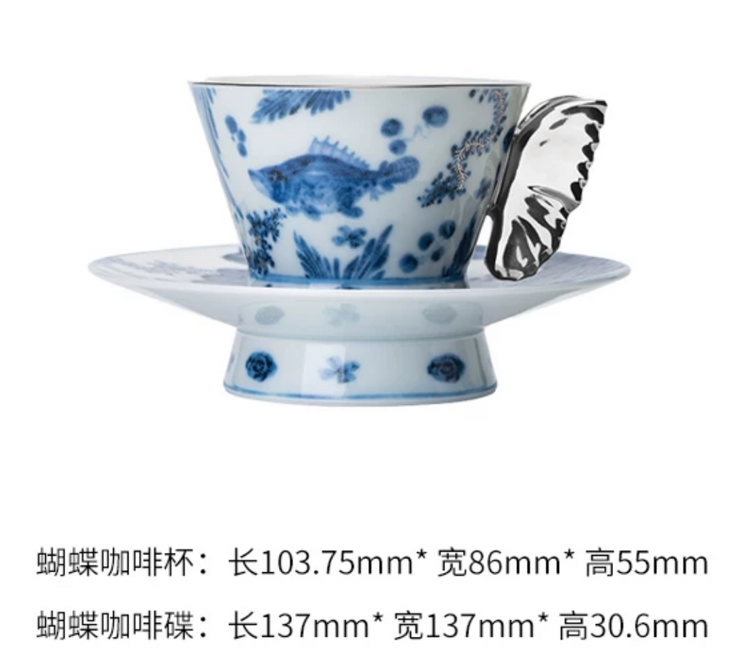 Blue and white porcelain butterfly coffee cup and saucer set — product dimensions and specifications