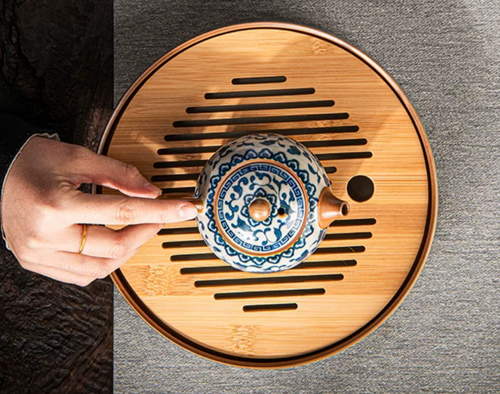 Bamboo Tea Tray with Drainage — Blue & White Ceramic Gongfu Tea Table Tray