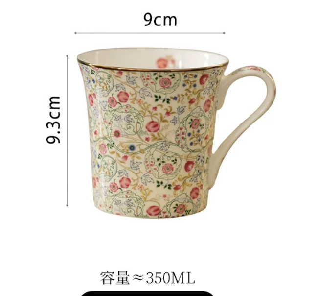 Rose Garden bone china mug — cream with pink climbing roses, 350ml