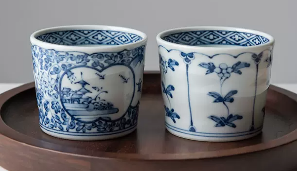 Hasami blue and white porcelain rectangular dishes with Japanese side dishes