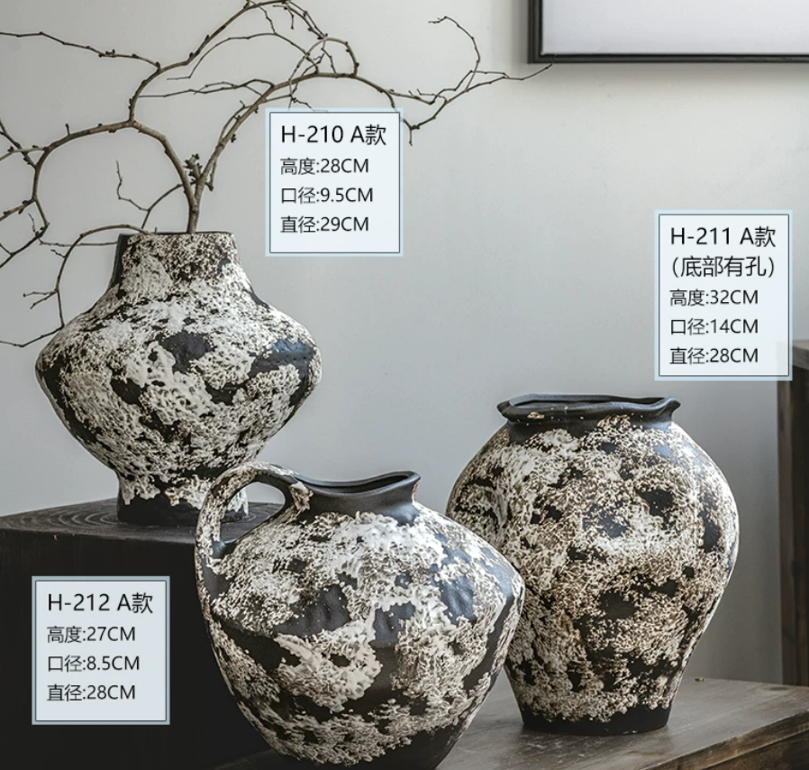 Three wabi-sabi volcanic glaze ceramic vases - H-210 round shoulder, H-211 wide-mouth, H-212 handled jug