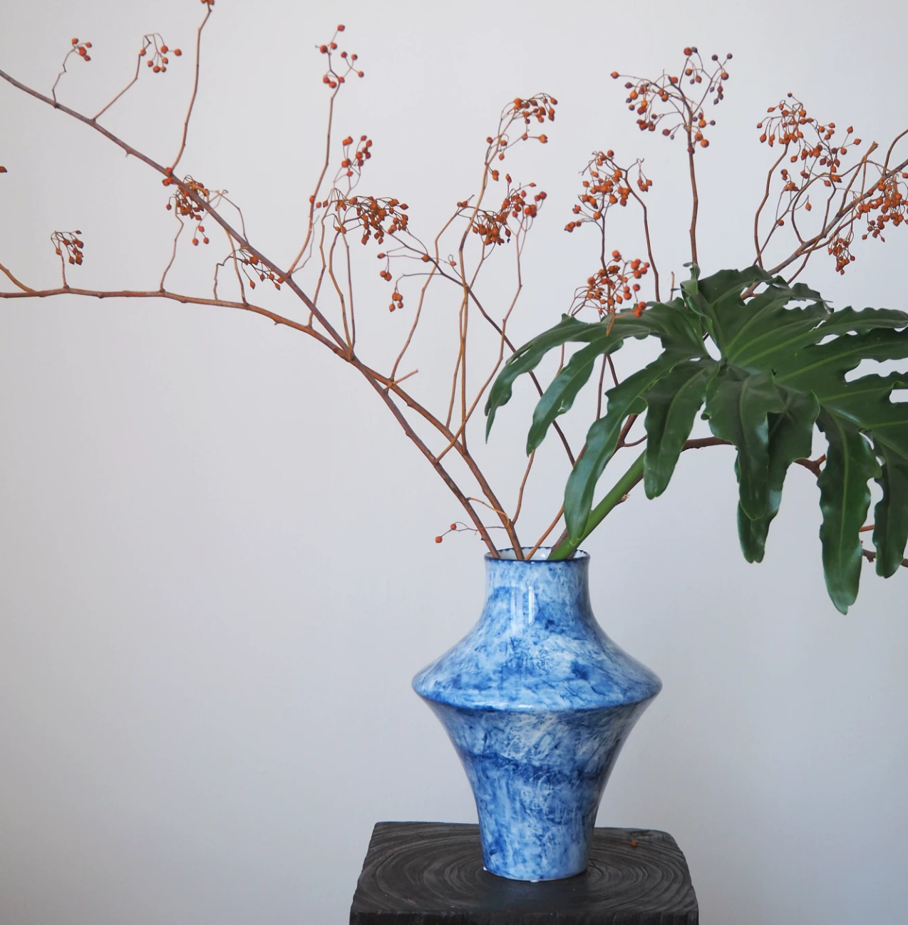 Blue cloud ceramic vase with pink blossom branches