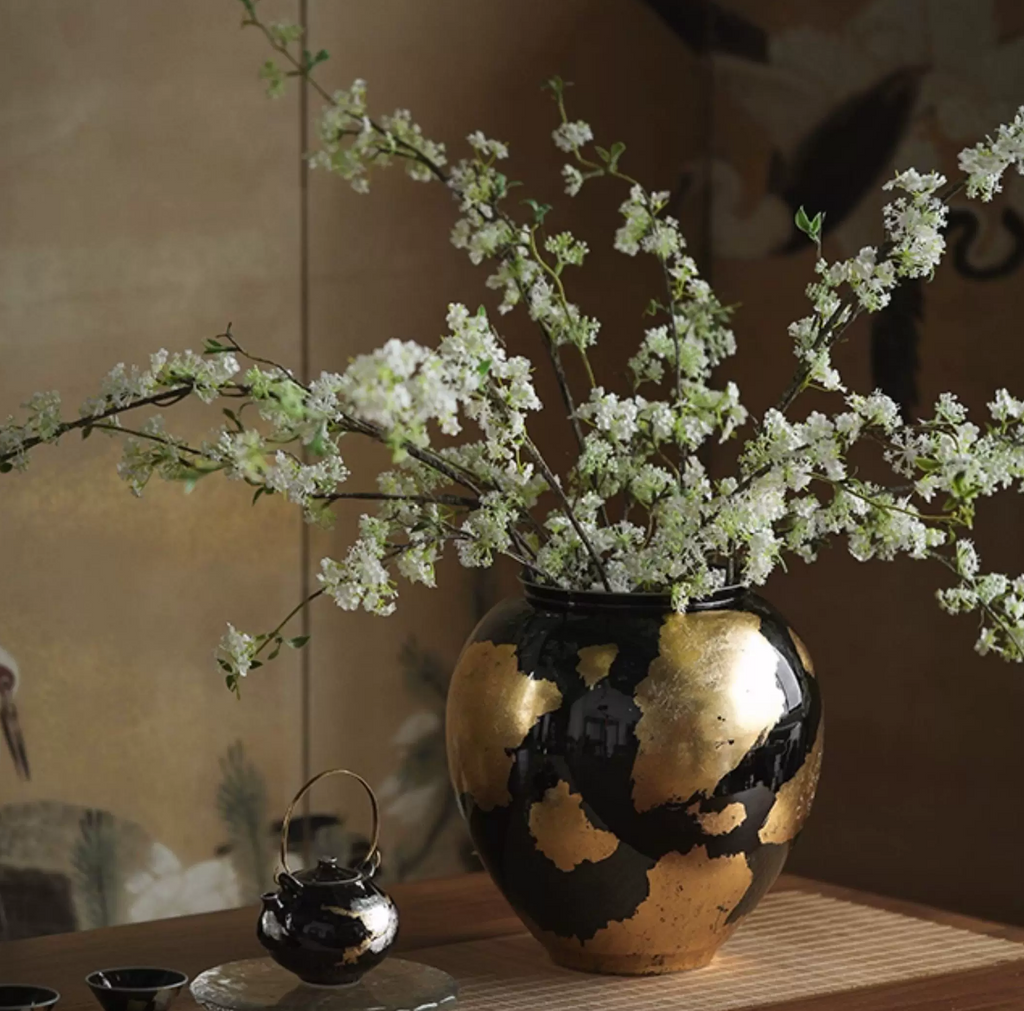 Hand-Applied Gold Leaf Ceramic Vase – Black & Gold Wheel-Thrown Flower Vessel