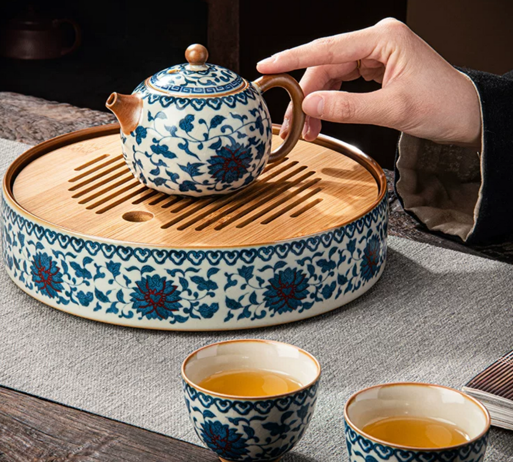 Bamboo Tea Tray with Drainage — Blue & White Ceramic Gongfu Tea Table Tray